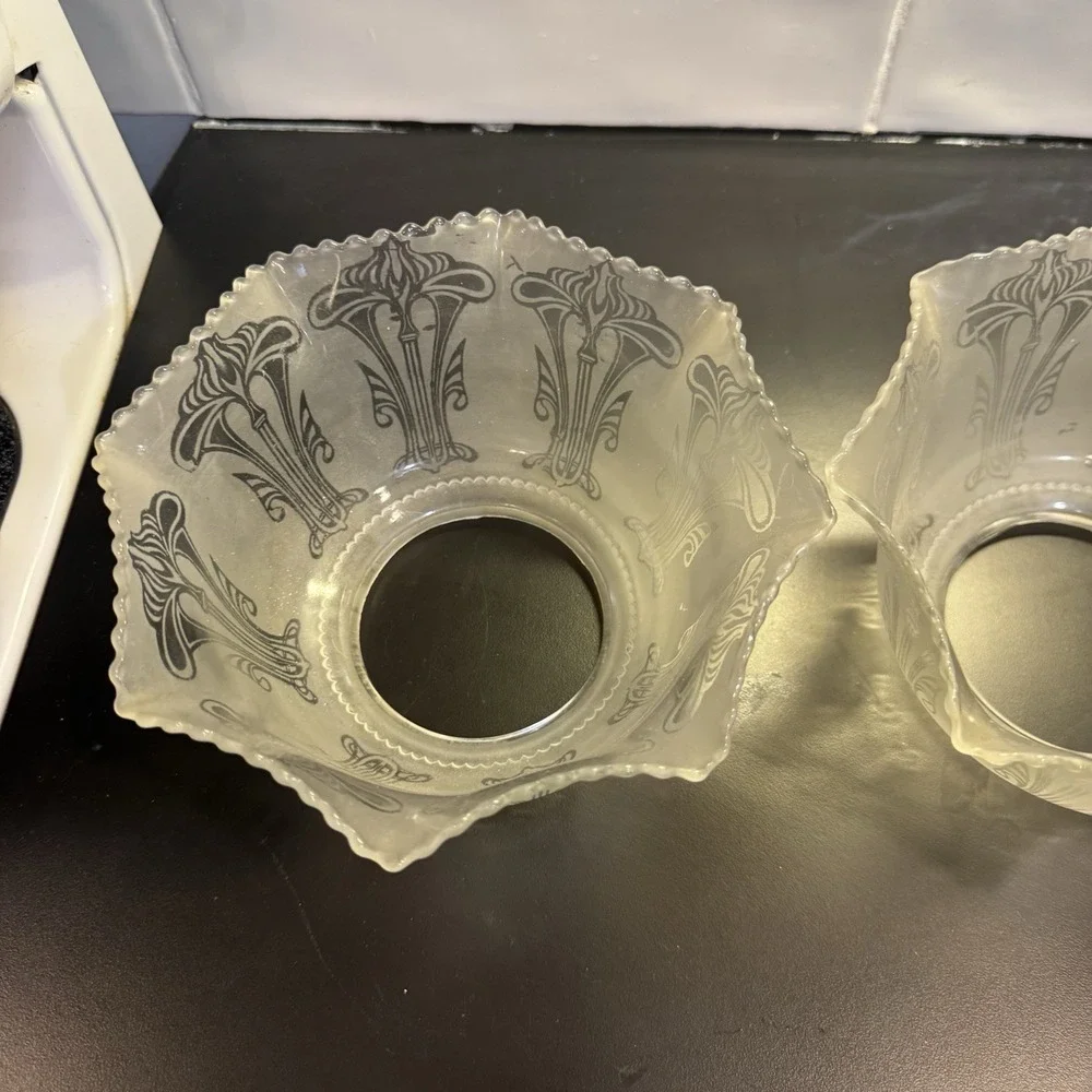 Antique Pair Of 2 Glass Lamp Chandelier Shades Fitter-Satin Etched Neoclassical